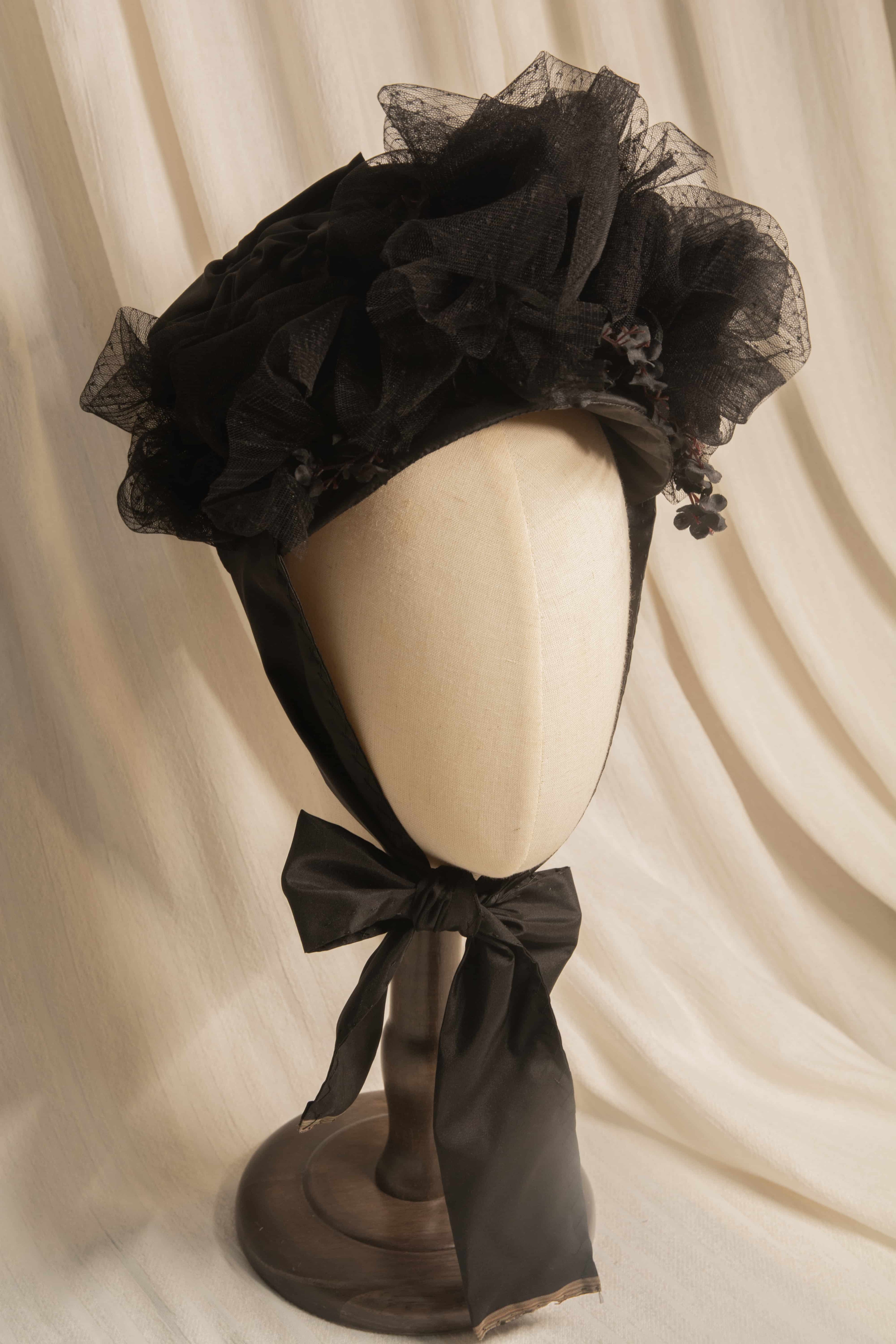 Victorian 1880s Mourning Bonnet - Black Silk Taffeta & Tulle Historical Headpiece