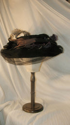 1900-Inspired Black Satin and Tulle Wide-Brimmed Hat with Floral Embellishments ARHA1001