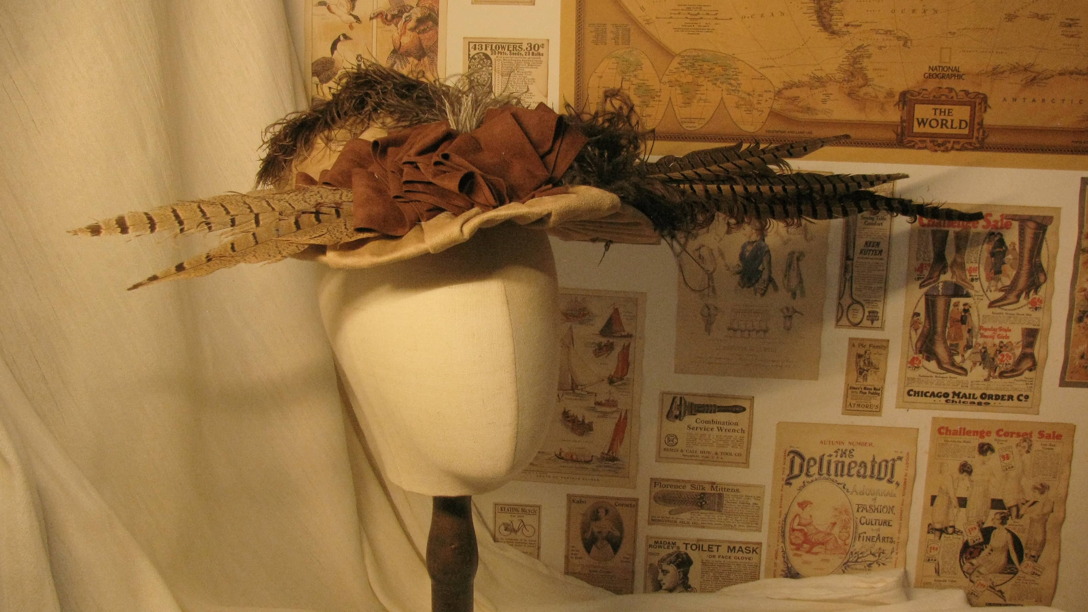 Victorian Edwardian Wide-Brimmed Hat with Brown Satin Rosette and Exotic Feather Details ARHA1003