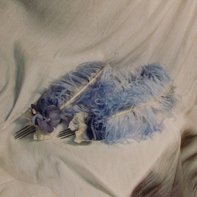 Regency Feather Comb Pastel Blue Fluffy Hair Fork with Lace & Floral Accent | Romantic Bridal Hair Accessory