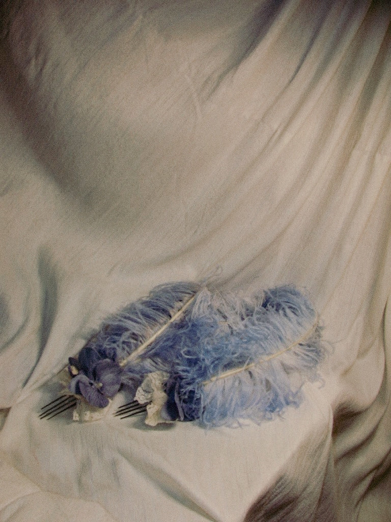 Regency Feather Comb Pastel Blue Fluffy Hair Fork with Lace & Floral Accent | Romantic Bridal Hair Accessory