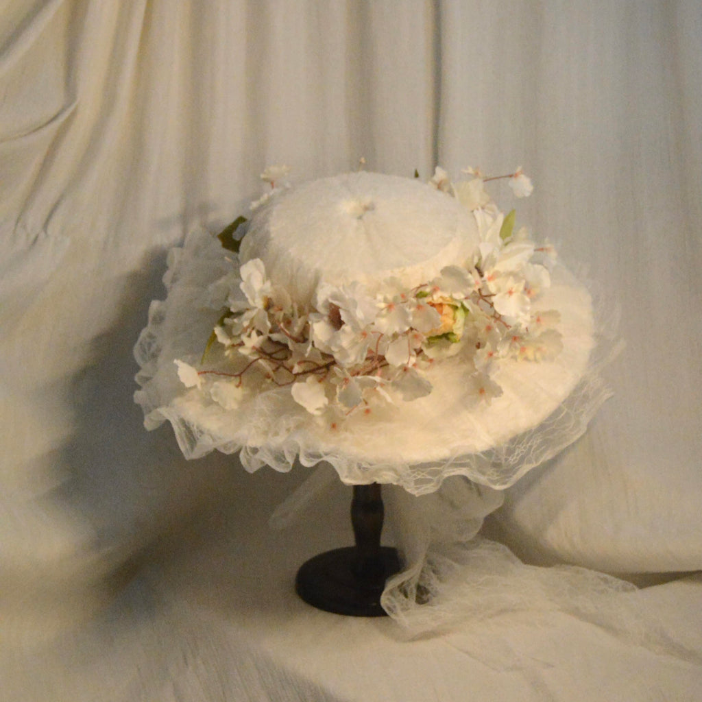Edwardian Silk Taffet White Lace Millinery Hat with Handcrafted Floral Accents - Romantic Elegant Headwear for Weddings & Tea Parties ARHA1033