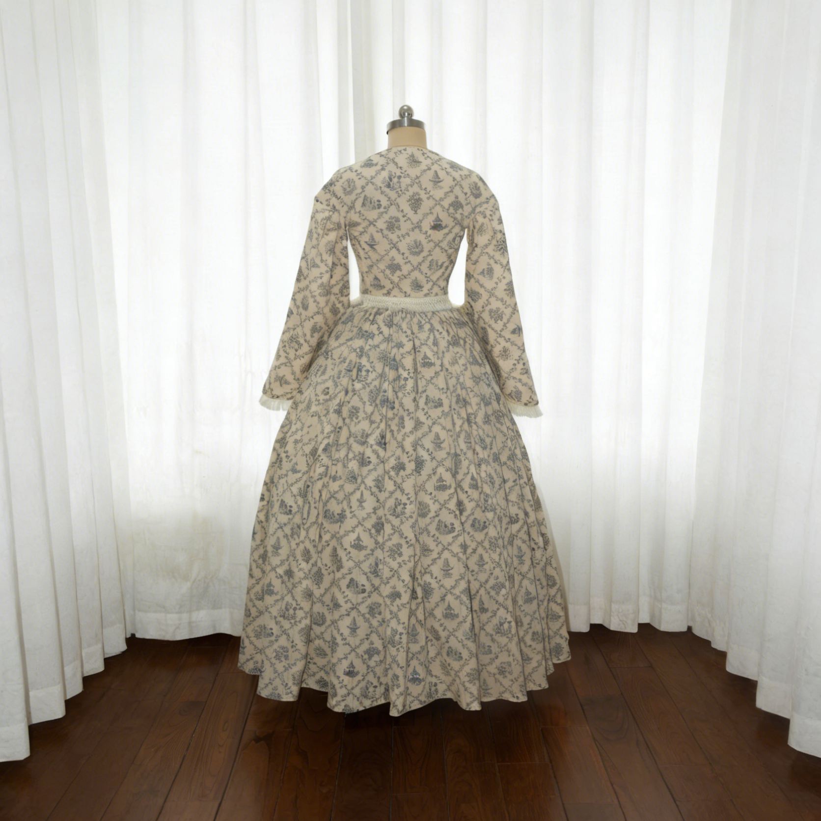 Mid-Victorian 1850s Civil War Day Dress - Blue Toile Print Cotton Gown with Pagoda Sleeves & Fringe Trim ARCL1012