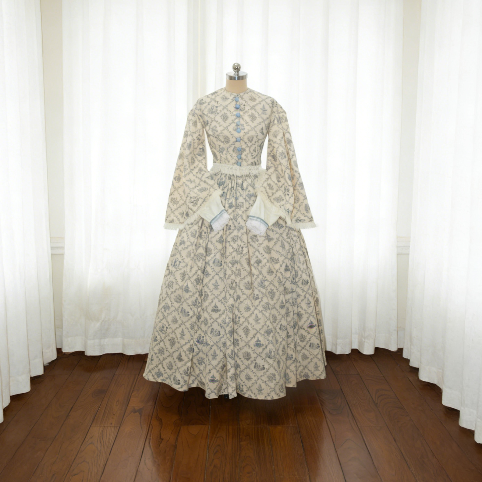 Mid-Victorian 1850s Civil War Day Dress - Blue Toile Print Cotton Gown with Pagoda Sleeves & Fringe Trim ARCL1012