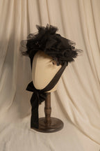 Victorian 1880s Mourning Bonnet - Black Silk Taffeta & Tulle Historical Headpiece