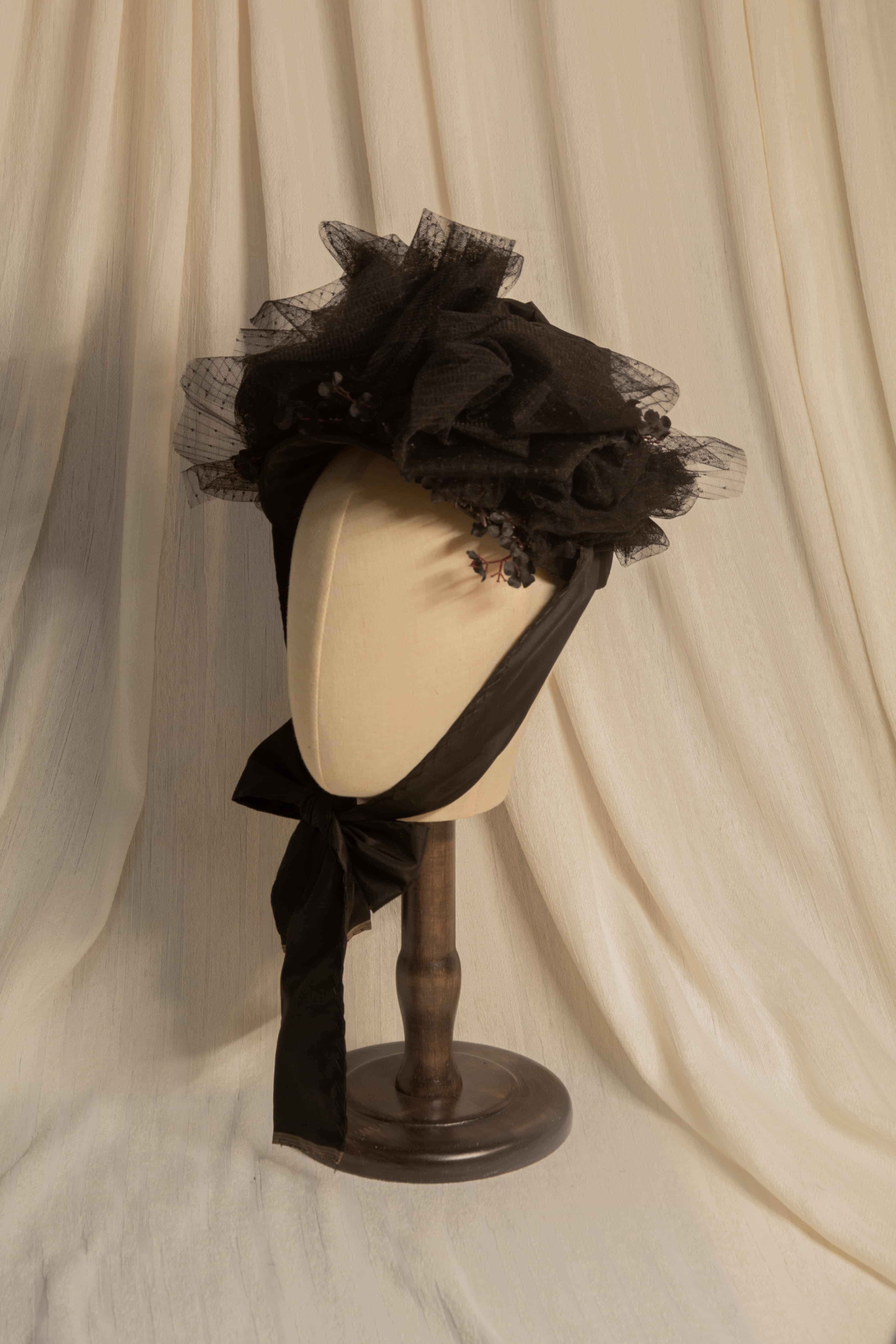 Victorian 1880s Mourning Bonnet - Black Silk Taffeta & Tulle Historical Headpiece