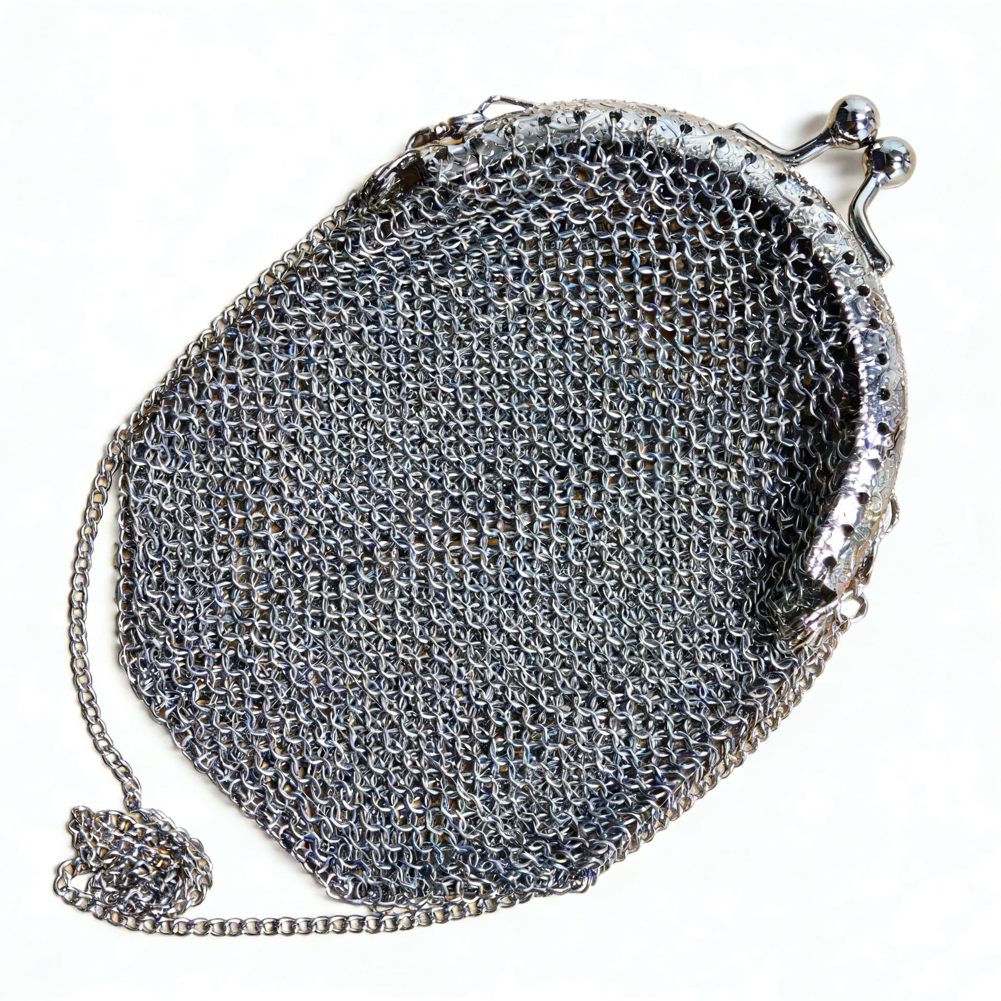 Handmade Victorian Double Mesh Coin Purse | Rare English Antique Chatelaine Accessory with Sterling Silvery Gate Top & Twist Lid ARCC1021