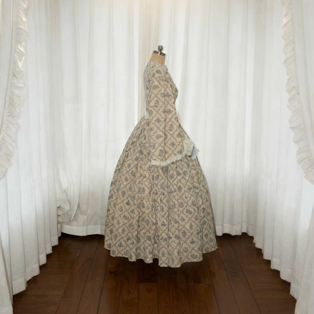 Mid-Victorian 1850s Civil War Day Dress - Blue Toile Print Cotton Gown with Pagoda Sleeves & Fringe Trim ARCL1012