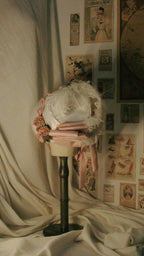 Regency Pink & White Feathered Bonnet with Rose & Satin Accents - Elegant Headwear for Tea Parties & Retro Styling ARHA1014