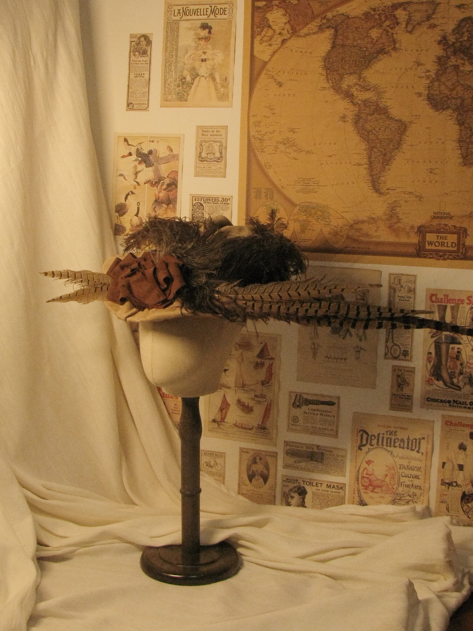 Victorian Edwardian Wide-Brimmed Hat with Brown Satin Rosette and Exotic Feather Details ARHA1003