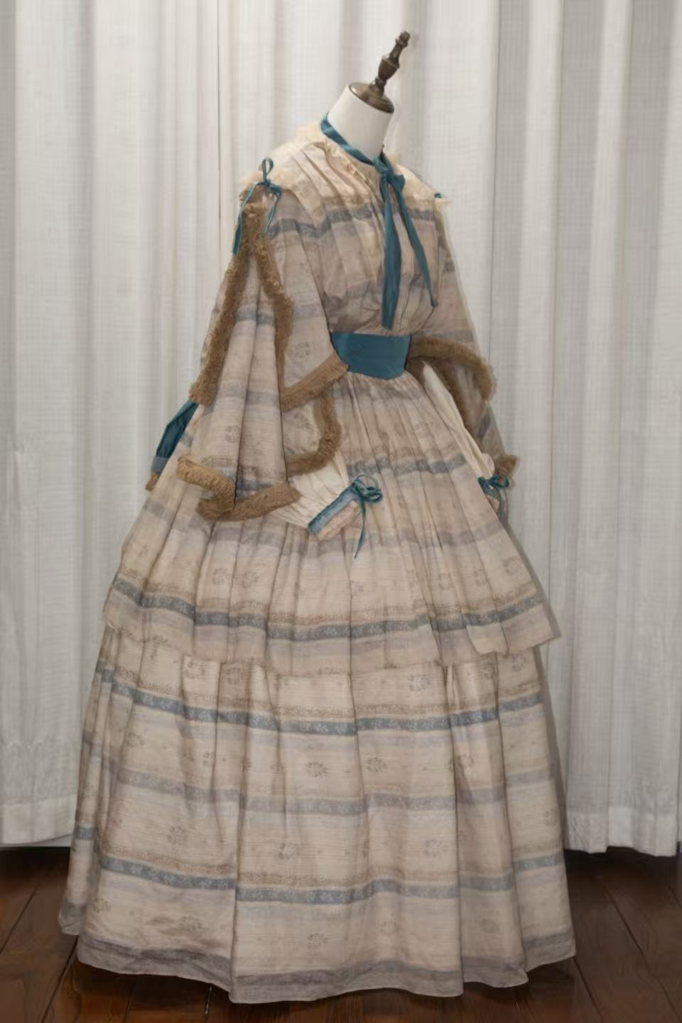 1850 Victorian Daydress Silk Taffeta Grenadine Japanese Ribbon Tea Dyed Cotton Lace Cotton Tassels ARCL1011