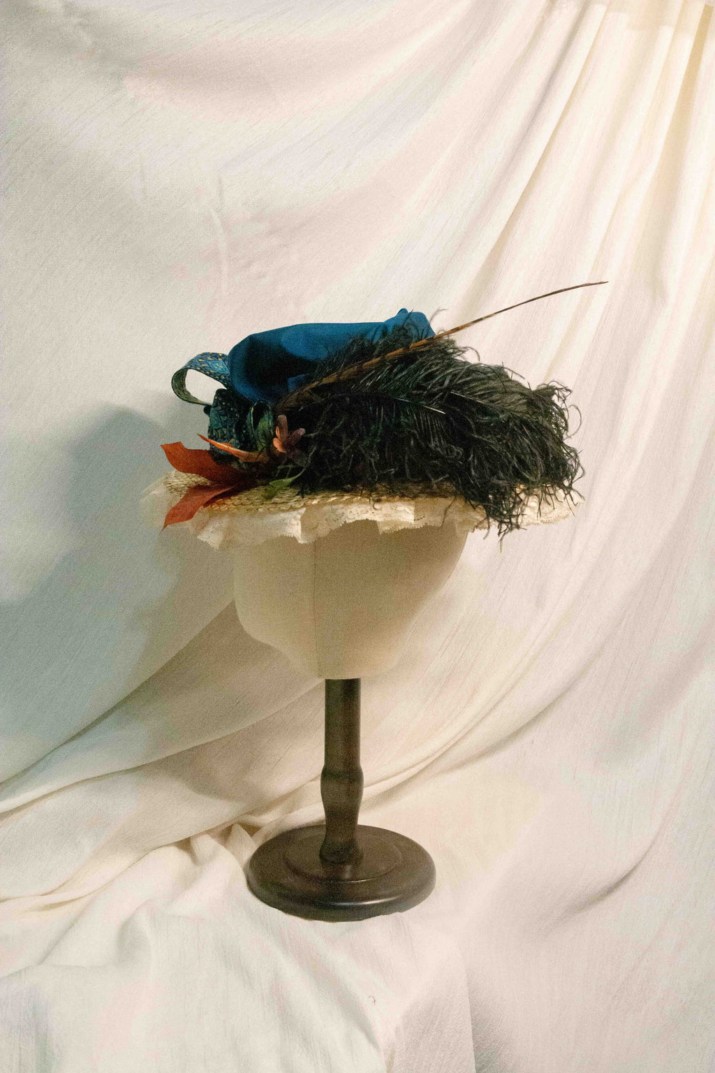 18th Rococo Hat With Teal Silk Drape, Dried Flowers & Lace Edge ARHA1038