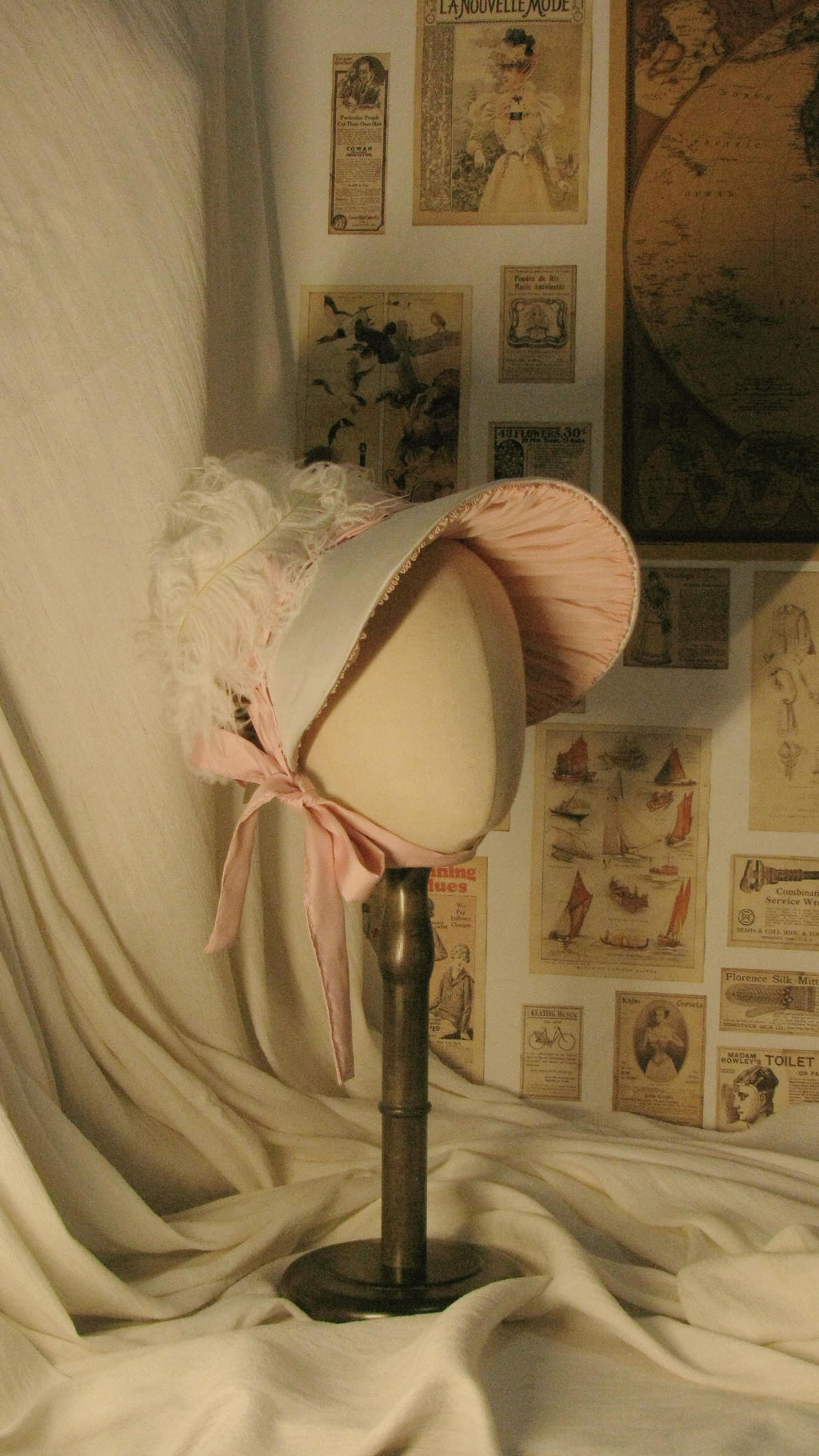 Regency Pink & White Feathered Bonnet with Rose & Satin Accents - Elegant Headwear for Tea Parties & Retro Styling ARHA1014