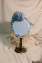 1800s Regency Bonnet Blue & Ivory Ruched Bonnet - Lace & Satin Ribbon Retro Hat for Elegant Outfits ARHA1037