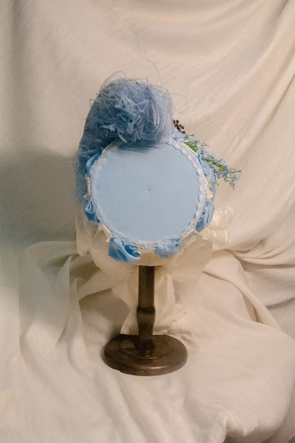 1800s Regency Bonnet Blue & Ivory Ruched Bonnet - Lace & Satin Ribbon Retro Hat for Elegant Outfits ARHA1037