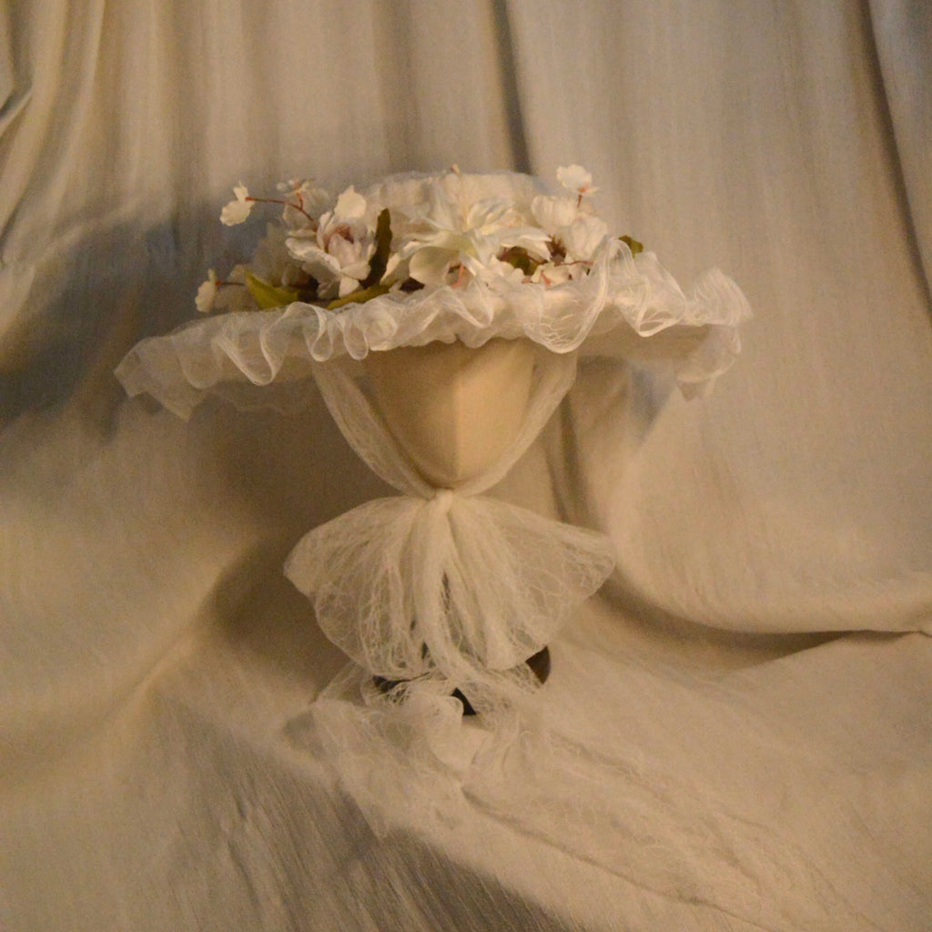 Edwardian Silk Taffet White Lace Millinery Hat with Handcrafted Floral Accents - Romantic Elegant Headwear for Weddings & Tea Parties ARHA1033