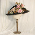 Edwardian Black Lace & Feather Hat with Pink-White Roses - Elegant Formal Event Headwear ARHA1028