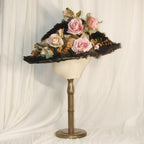 Edwardian Black Lace & Feather Hat with Pink-White Roses - Elegant Formal Event Headwear ARHA1028