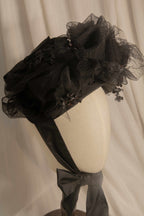 Victorian 1880s Mourning Bonnet - Black Silk Taffeta & Tulle Historical Headpiece