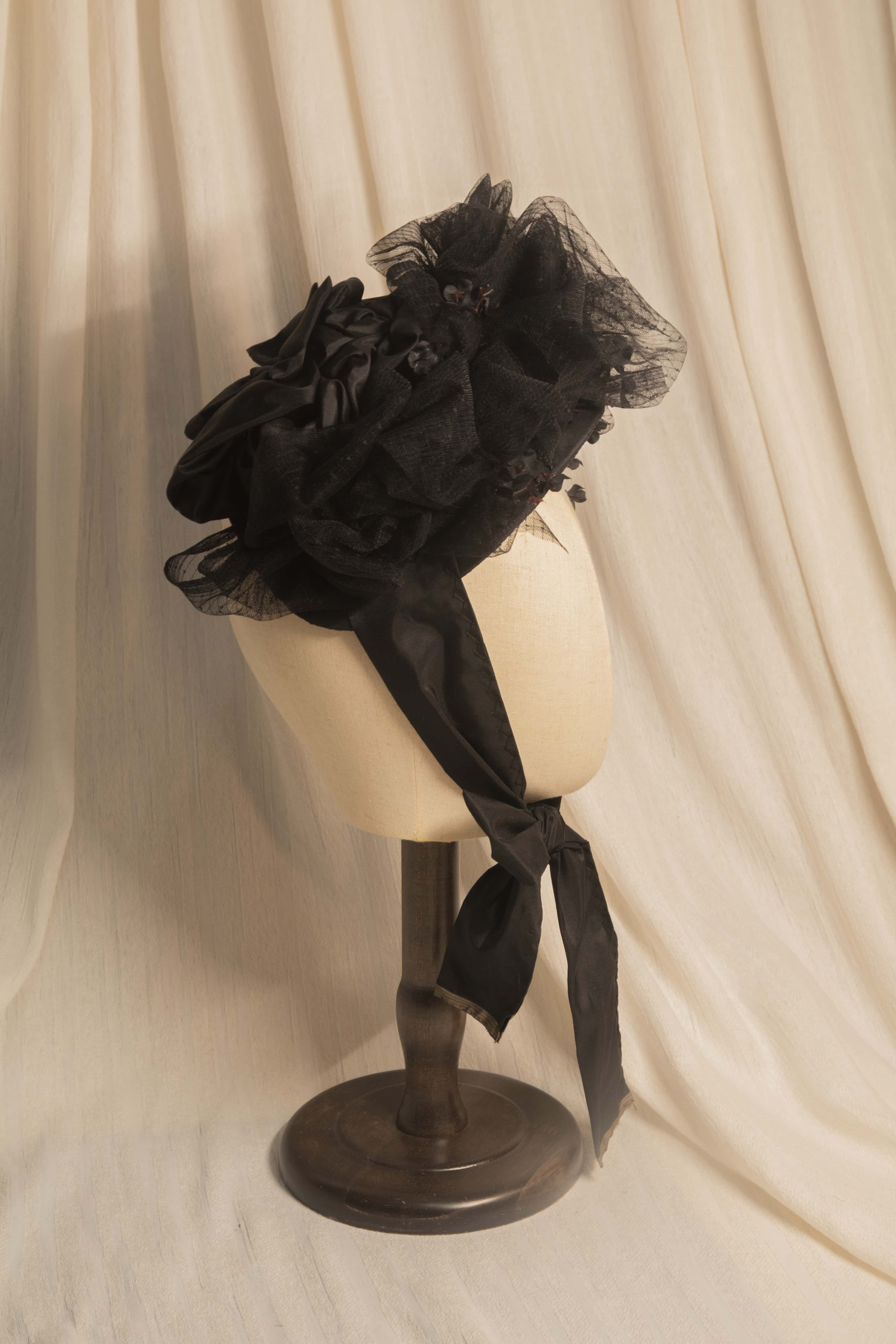 Victorian 1880s Mourning Bonnet - Black Silk Taffeta & Tulle Historical Headpiece