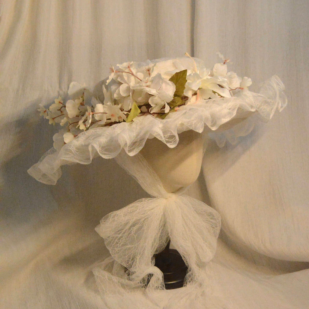 Edwardian Silk Taffet White Lace Millinery Hat with Handcrafted Floral Accents - Romantic Elegant Headwear for Weddings & Tea Parties ARHA1033