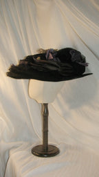1900 Black & Purple Wide  Hat with Tulle & Feather - Elegant Gothic Headwear ARHA1024