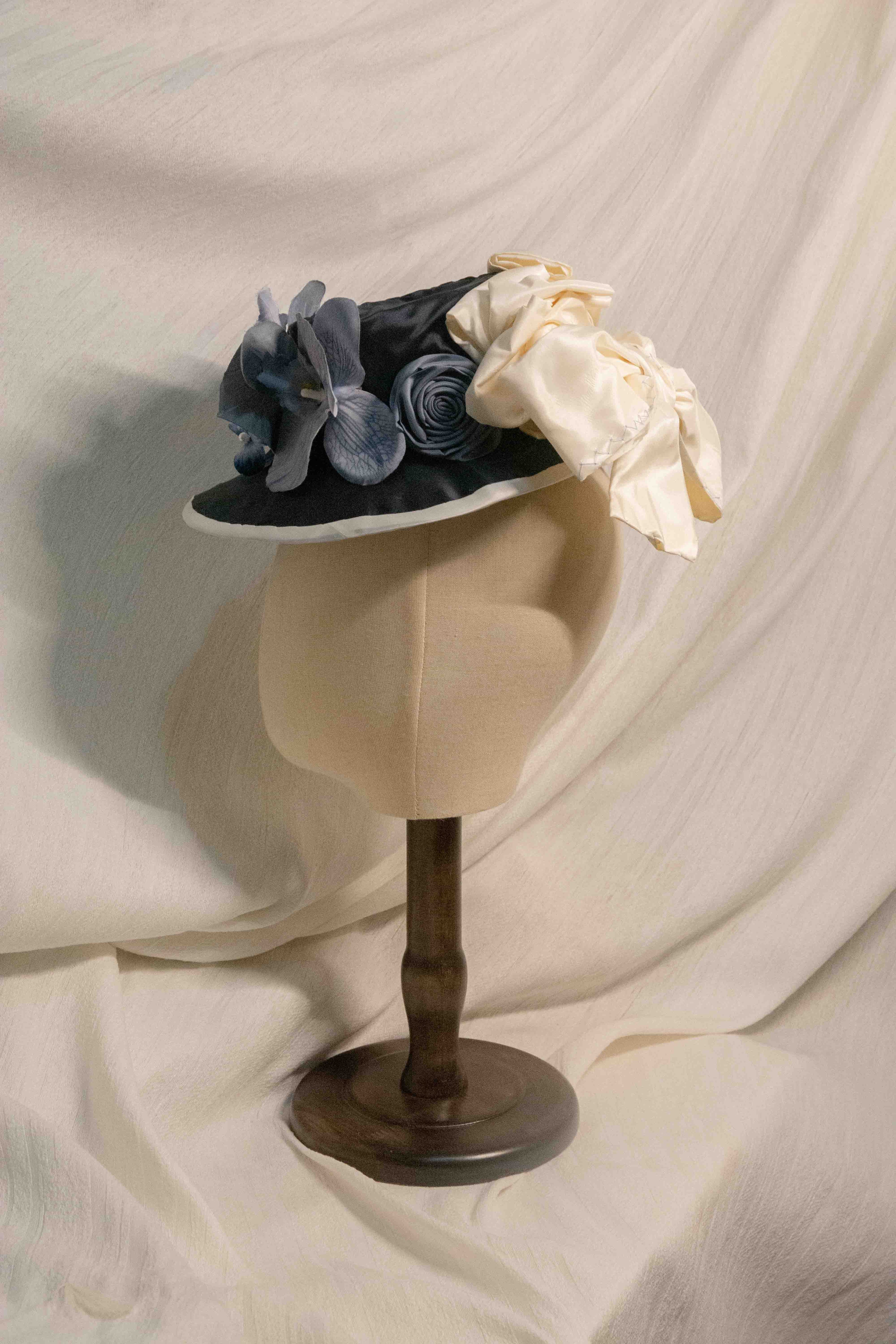 Victorian-era Satin Bonnet with Blue Orchids, Pearl Accents & Cream Satin Drape ARHA1039