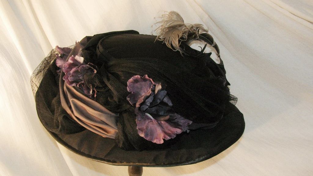 1900 Black & Purple Wide  Hat with Tulle & Feather - Elegant Gothic Headwear ARHA1024