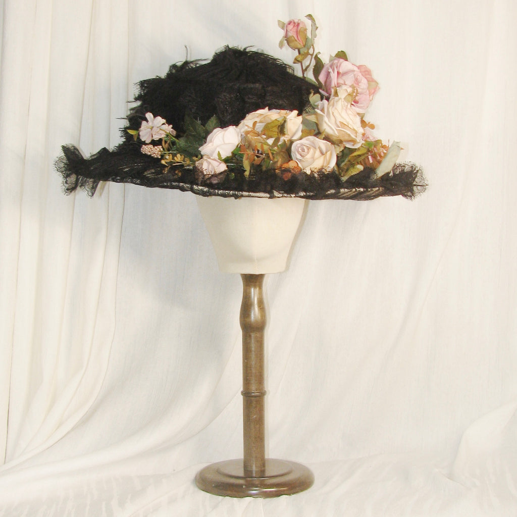 Edwardian Black Lace & Feather Hat with Pink-White Roses - Elegant Formal Event Headwear ARHA1028