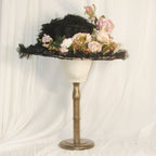 Edwardian Black Lace & Feather Hat with Pink-White Roses - Elegant Formal Event Headwear ARHA1028