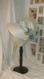 Regency Cream & Light Blue Feathered Bonnet with Floral & Satin Accents - Elegant Headwear for Tea Parties & Retro Styling ARHA1019