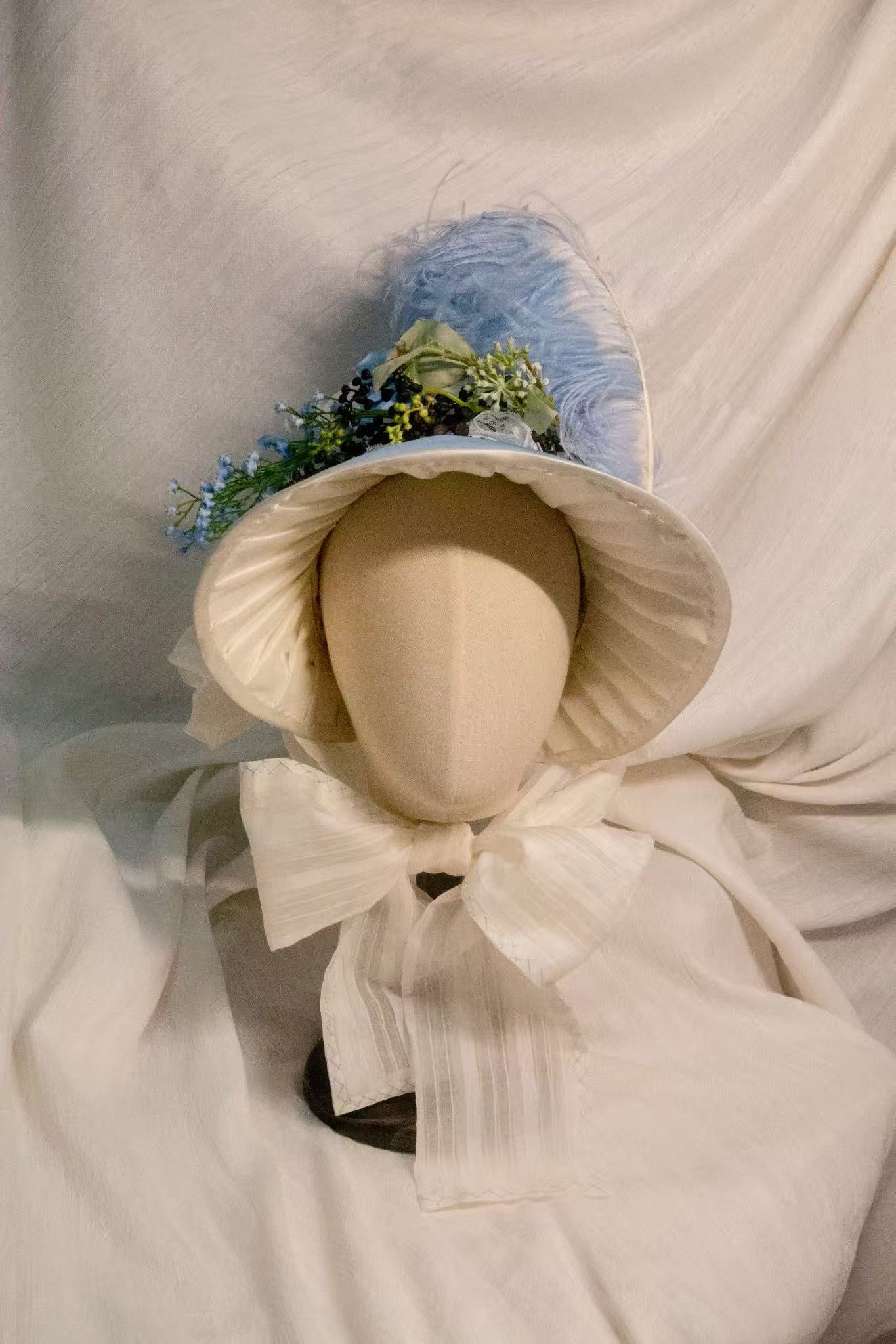 1800s Regency Bonnet Blue & Ivory Ruched Bonnet - Lace & Satin Ribbon Retro Hat for Elegant Outfits ARHA1037