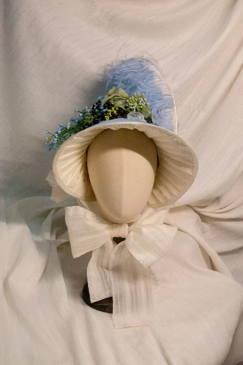 1800s Regency Bonnet Blue & Ivory Ruched Bonnet - Lace & Satin Ribbon Retro Hat for Elegant Outfits ARHA1037