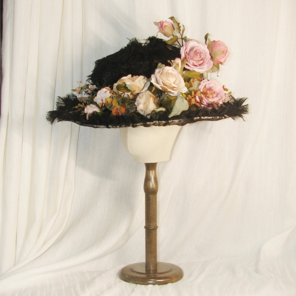 Edwardian Black Lace & Feather Hat with Pink-White Roses - Elegant Formal Event Headwear ARHA1028