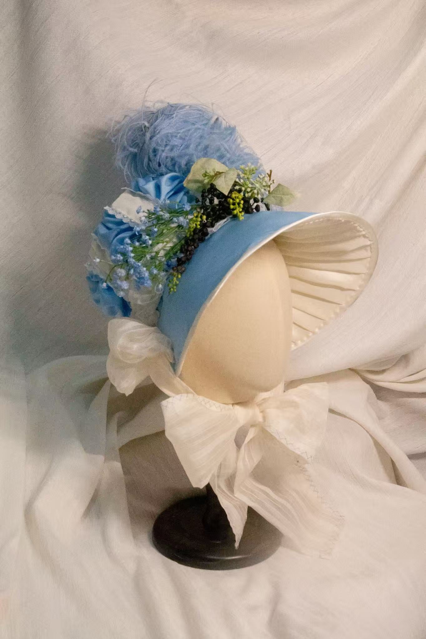1800s Regency Bonnet Blue & Ivory Ruched Bonnet - Lace & Satin Ribbon Retro Hat for Elegant Outfits ARHA1037