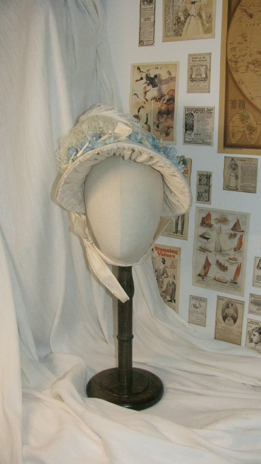 Regency Cream & Light Blue Feathered Bonnet with Floral & Satin Accents - Elegant Headwear for Tea Parties & Retro Styling ARHA1019