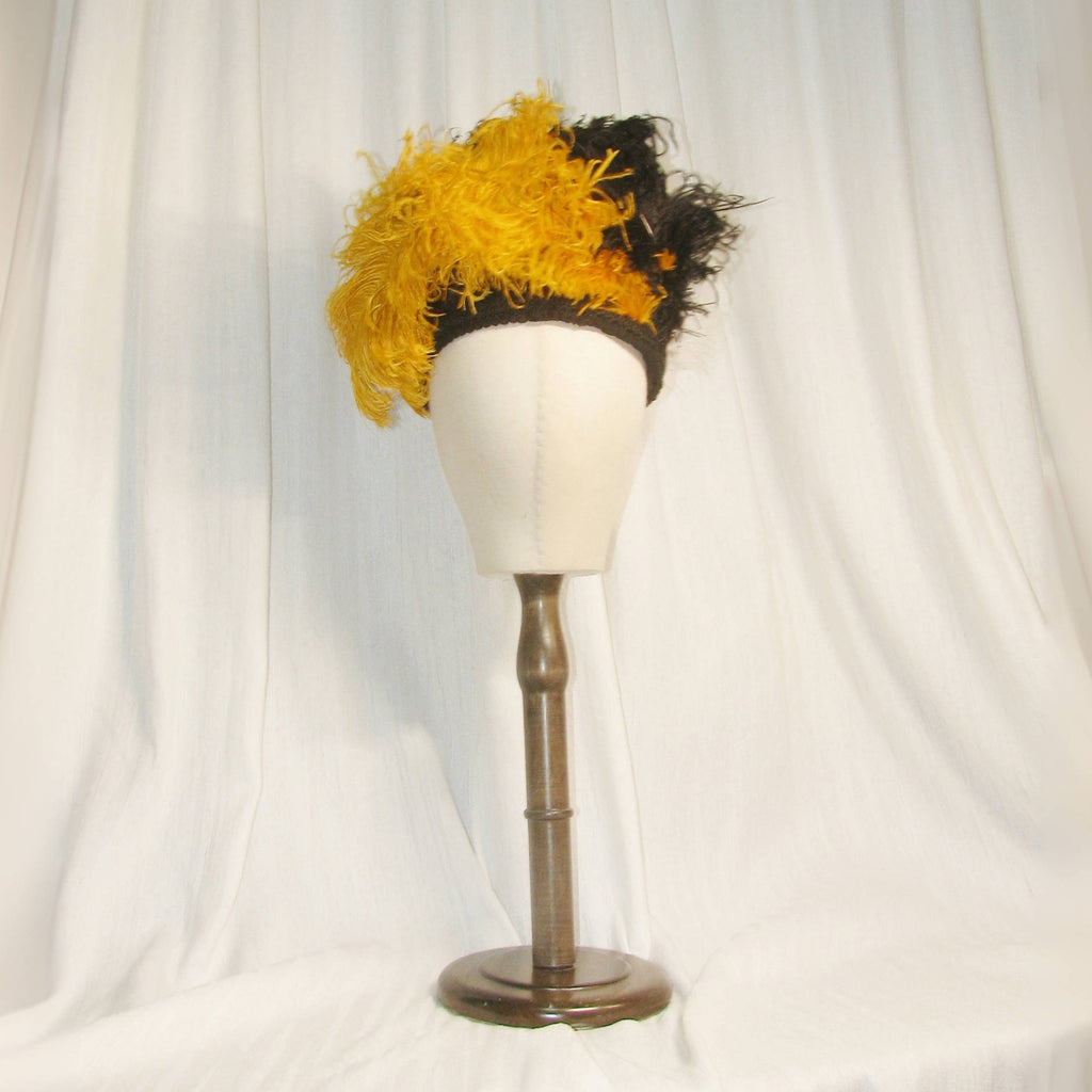 Regency Emma’s Black Satin Headband Hat with Yellow & White Feather Accents - Retro Party Headwear ARHA1029