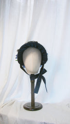 Regency-Style Black Satin Bonnet with Blue Floral & Feather Embellishments – Elegant Gothic-Headpiece ARHA1008
