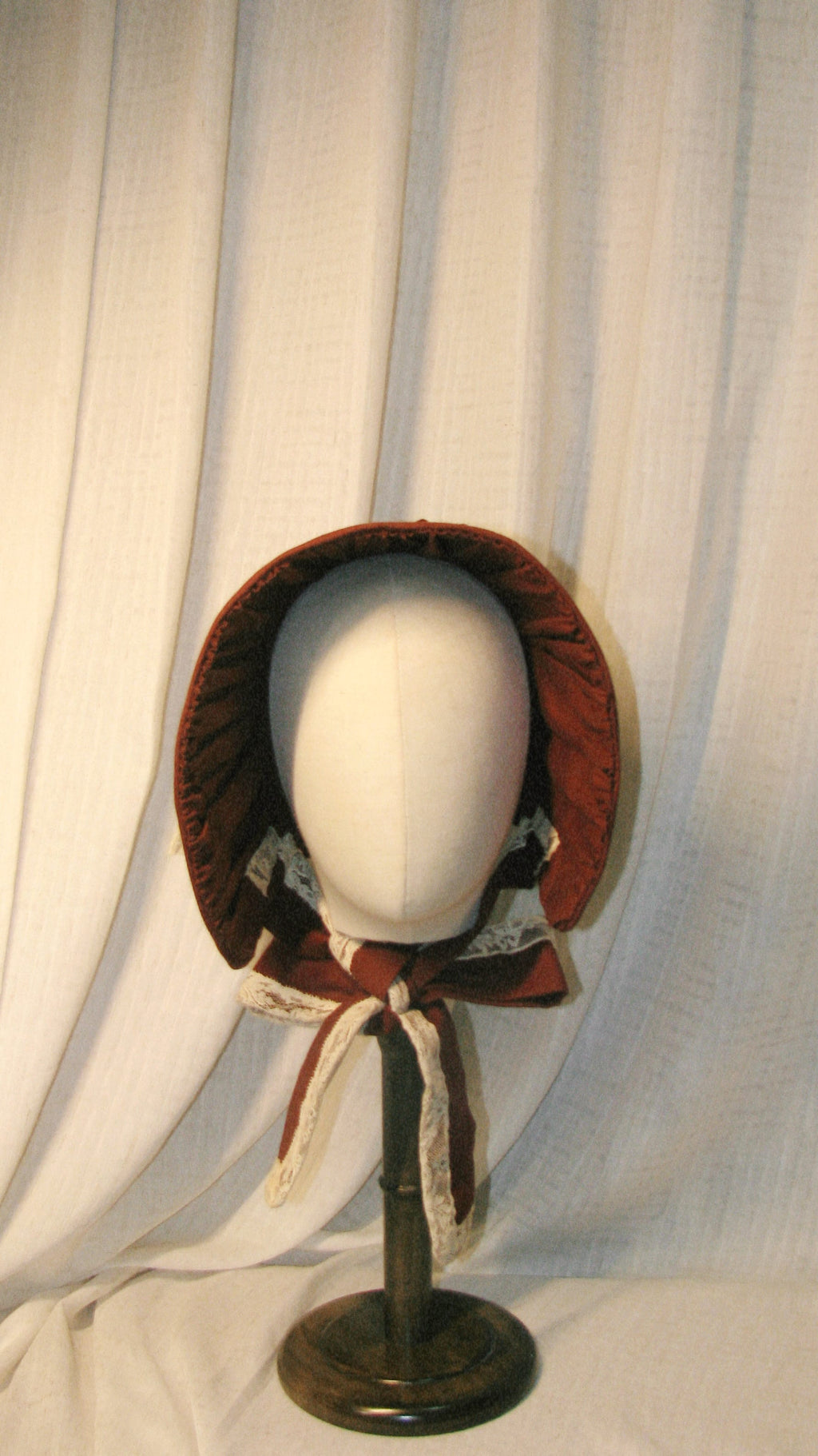 Victorian Burgundy Fabric Bonnet with Ruffled Details & Ivory Lace Bows – Classic 19th-Century Style Headpiece ARHA1009