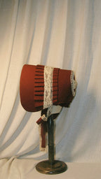 Victorian Burgundy Fabric Bonnet with Ruffled Details & Ivory Lace Bows – Classic 19th-Century Style Headpiece ARHA1009