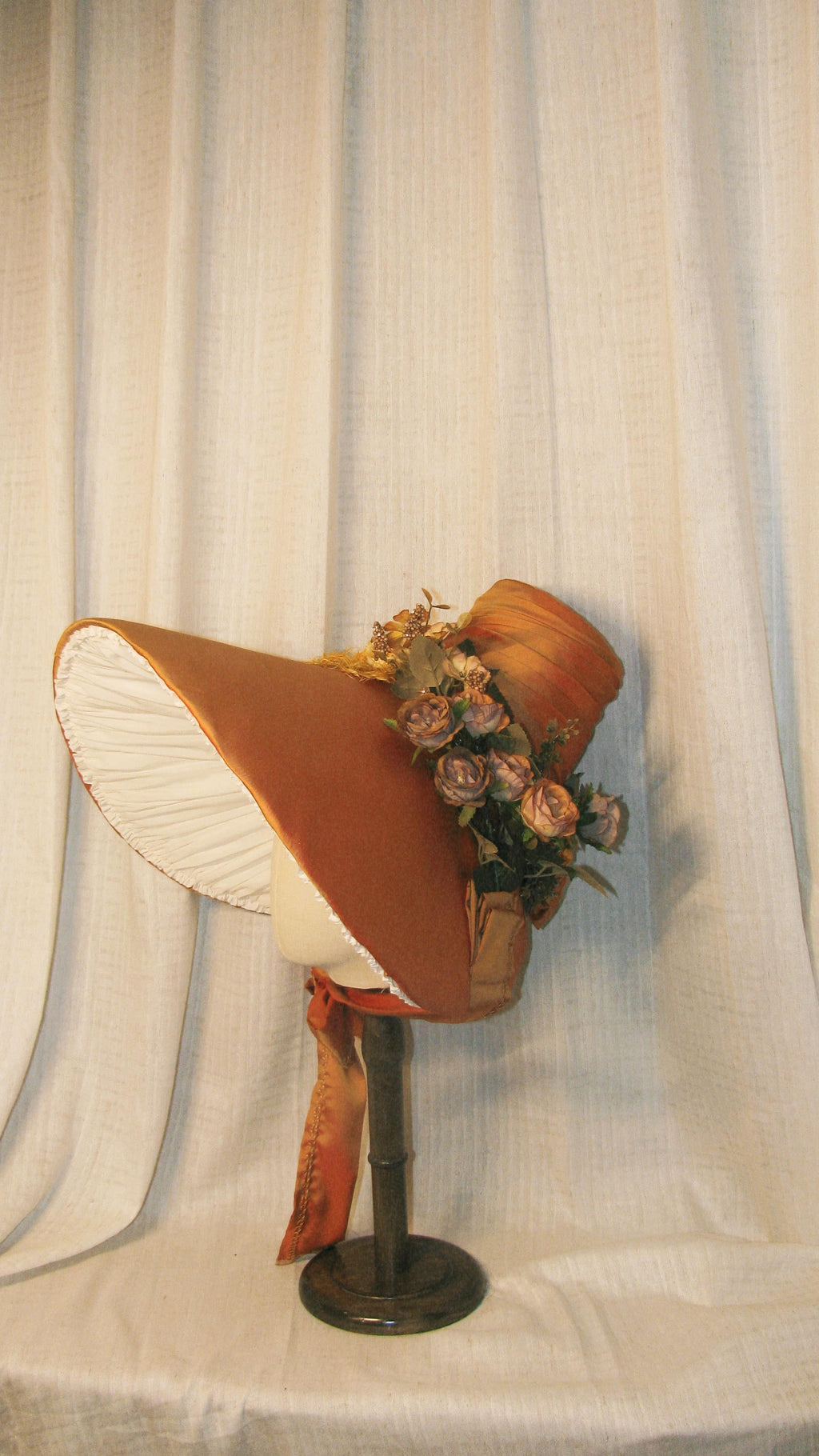 1830s Romantic Orange Satin Bonnet with Draped Ribbon & Floral Details – 19th-Century Inspired Themed Costume Hat ARHA1010