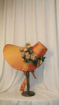 1830s Romantic Orange Satin Bonnet with Draped Ribbon & Floral Details – 19th-Century Inspired Themed Costume Hat ARHA1010