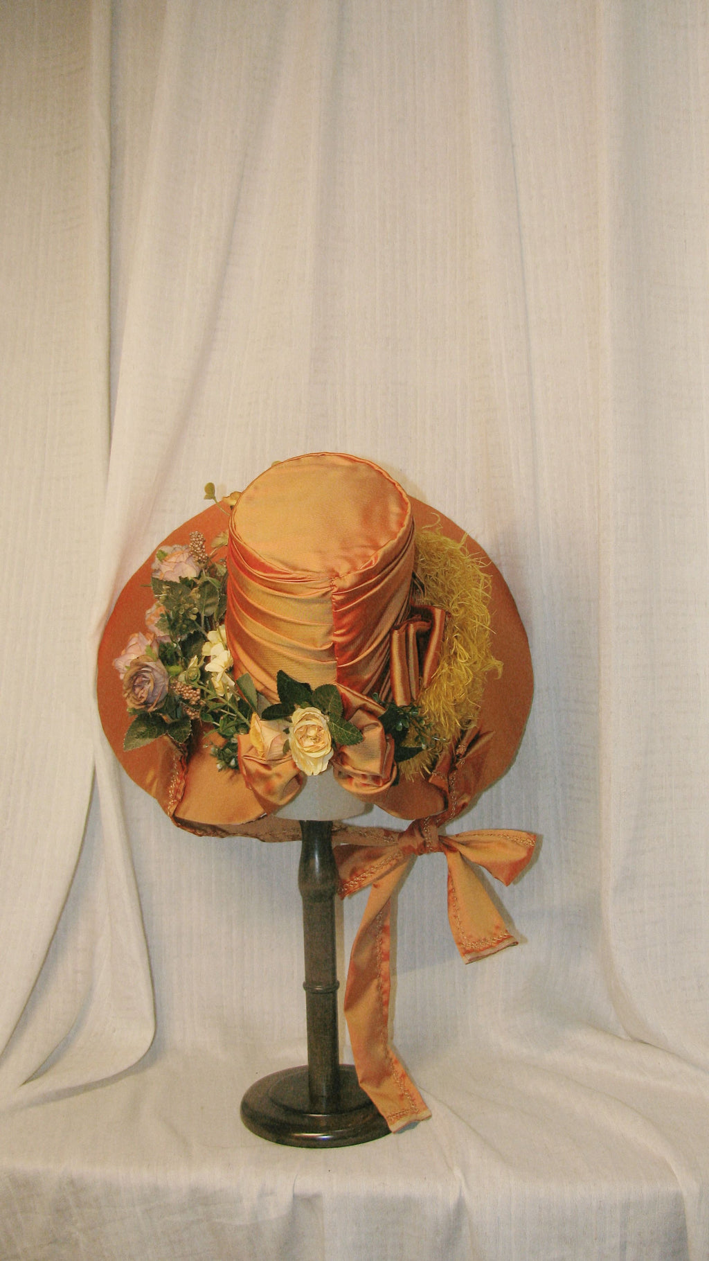 1830s Romantic Orange Satin Bonnet with Draped Ribbon & Floral Details – 19th-Century Inspired Themed Costume Hat ARHA1010