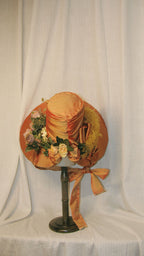 1830s Romantic Orange Satin Bonnet with Draped Ribbon & Floral Details – 19th-Century Inspired Themed Costume Hat ARHA1010