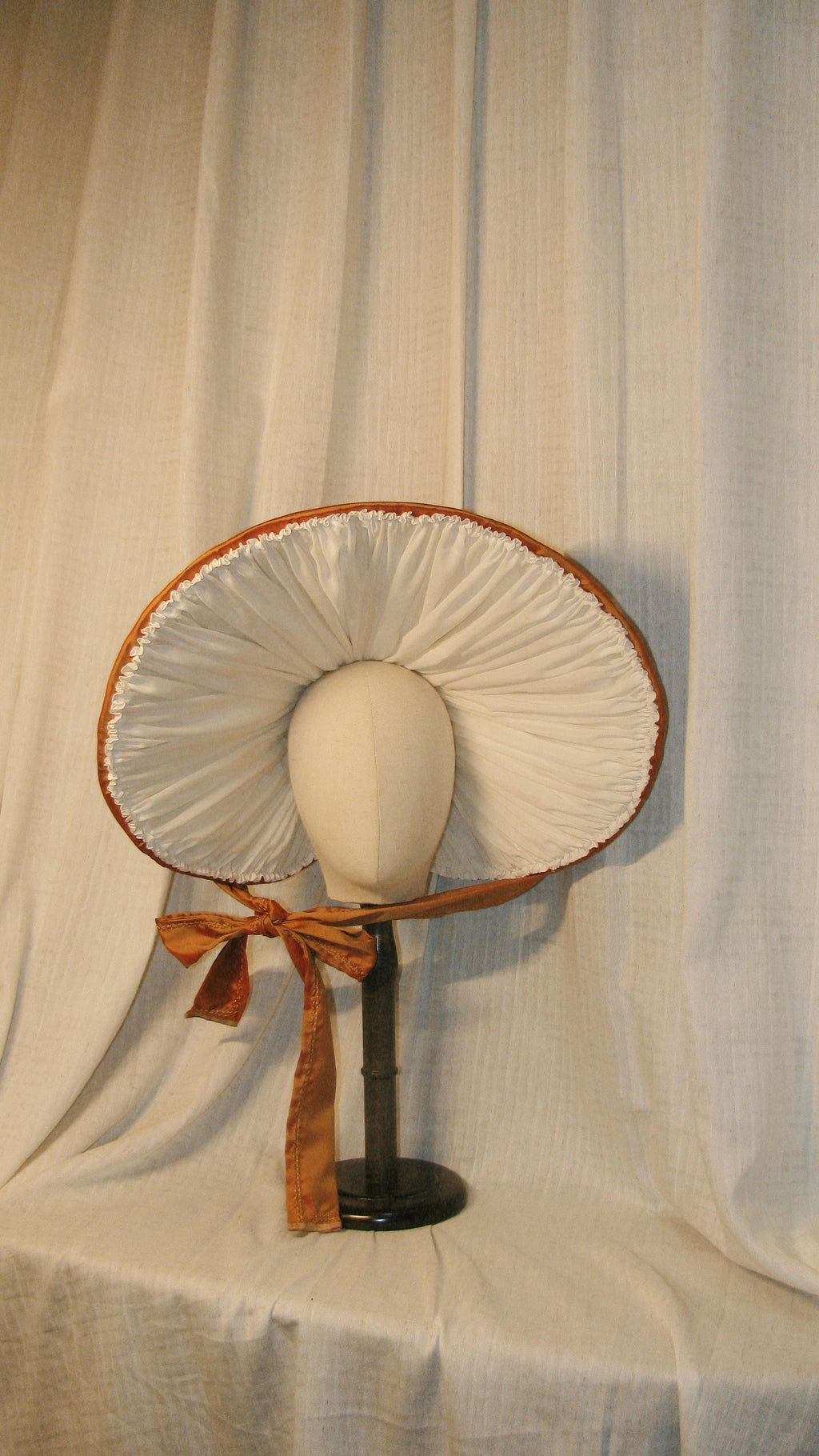 1830s Romantic Orange Satin Bonnet with Draped Ribbon & Floral Details – 19th-Century Inspired Themed Costume Hat ARHA1010