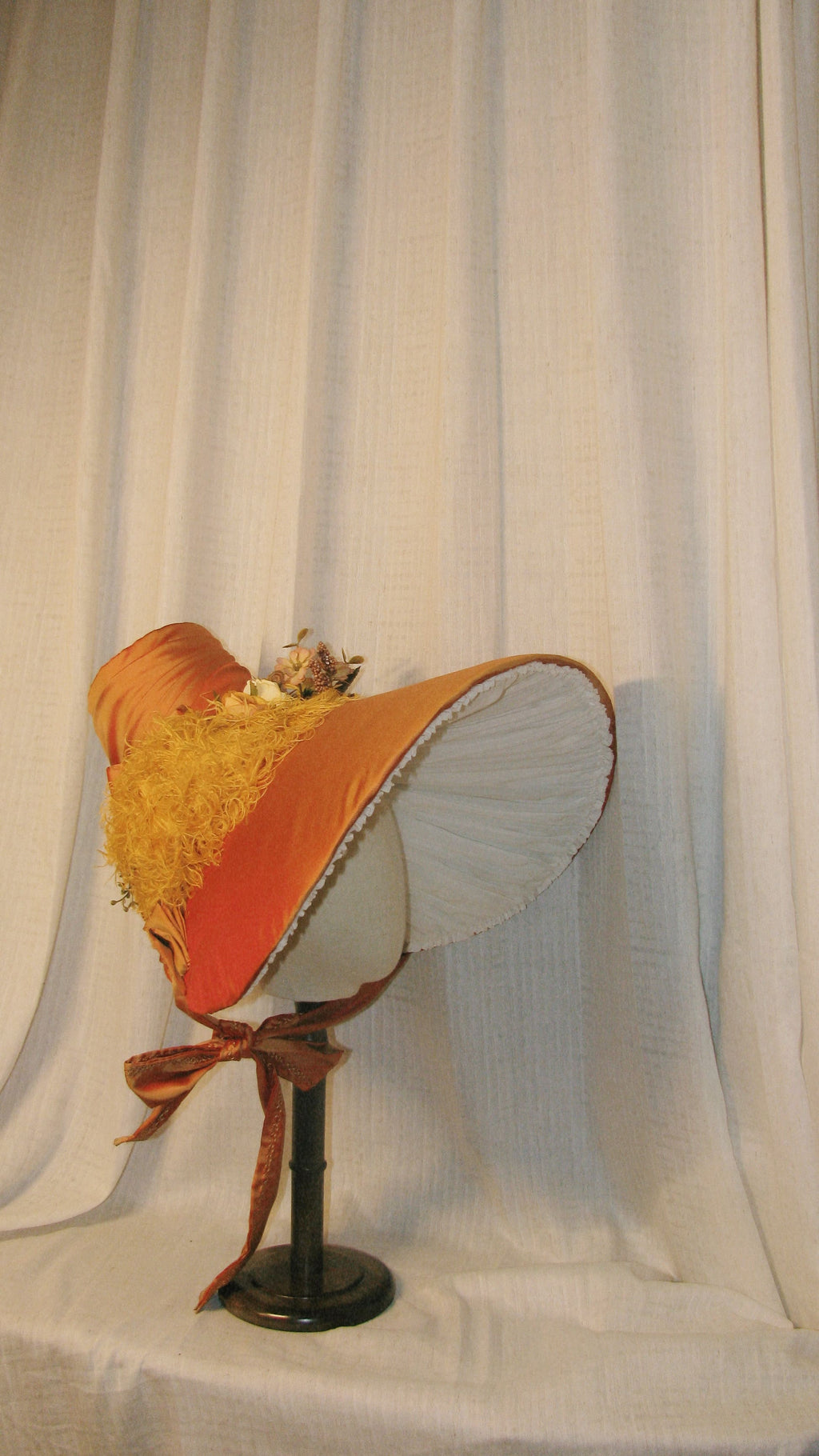 1830s Romantic Orange Satin Bonnet with Draped Ribbon & Floral Details – 19th-Century Inspired Themed Costume Hat ARHA1010