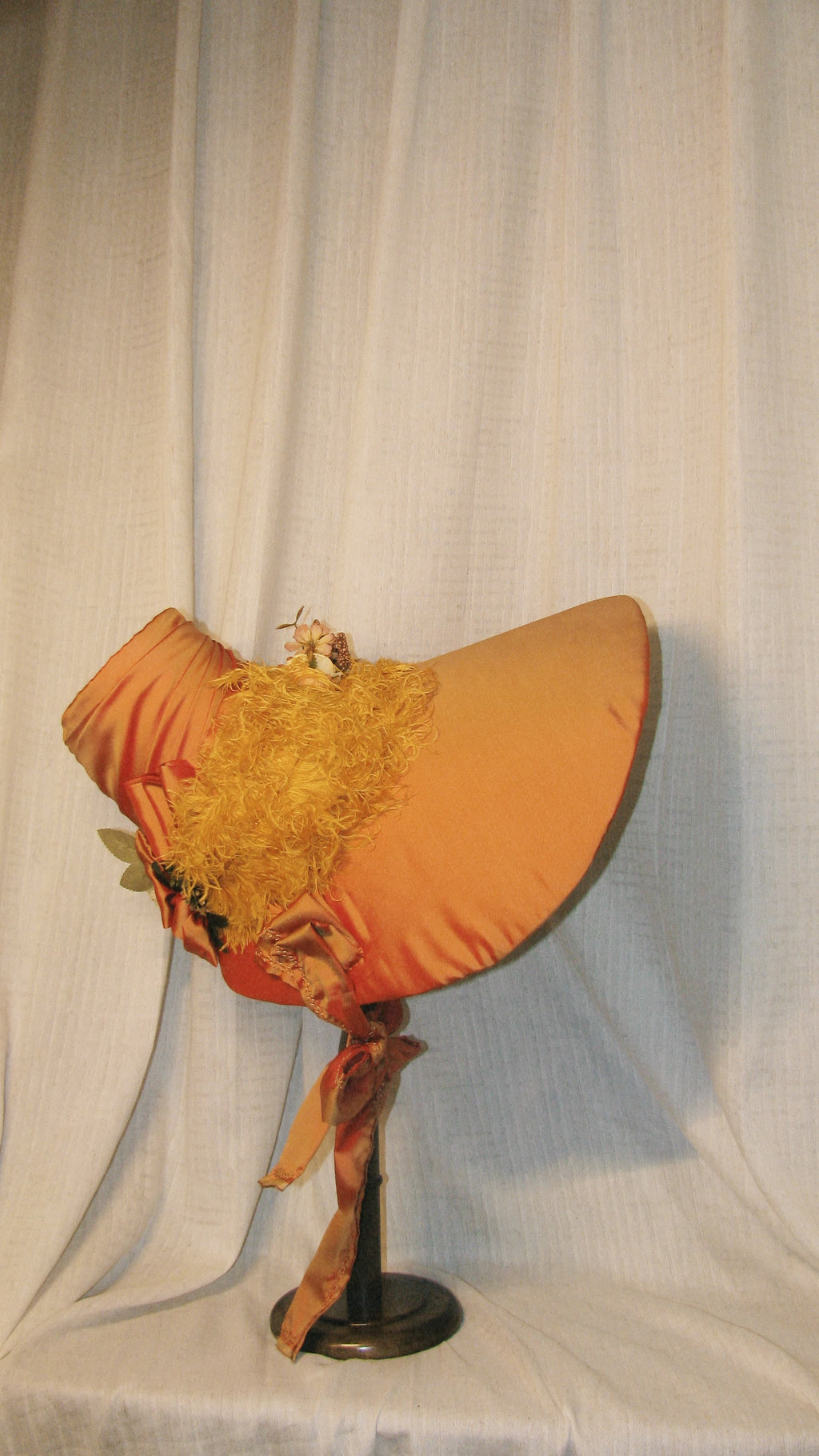 1830s Romantic Orange Satin Bonnet with Draped Ribbon & Floral Details – 19th-Century Inspired Themed Costume Hat ARHA1010