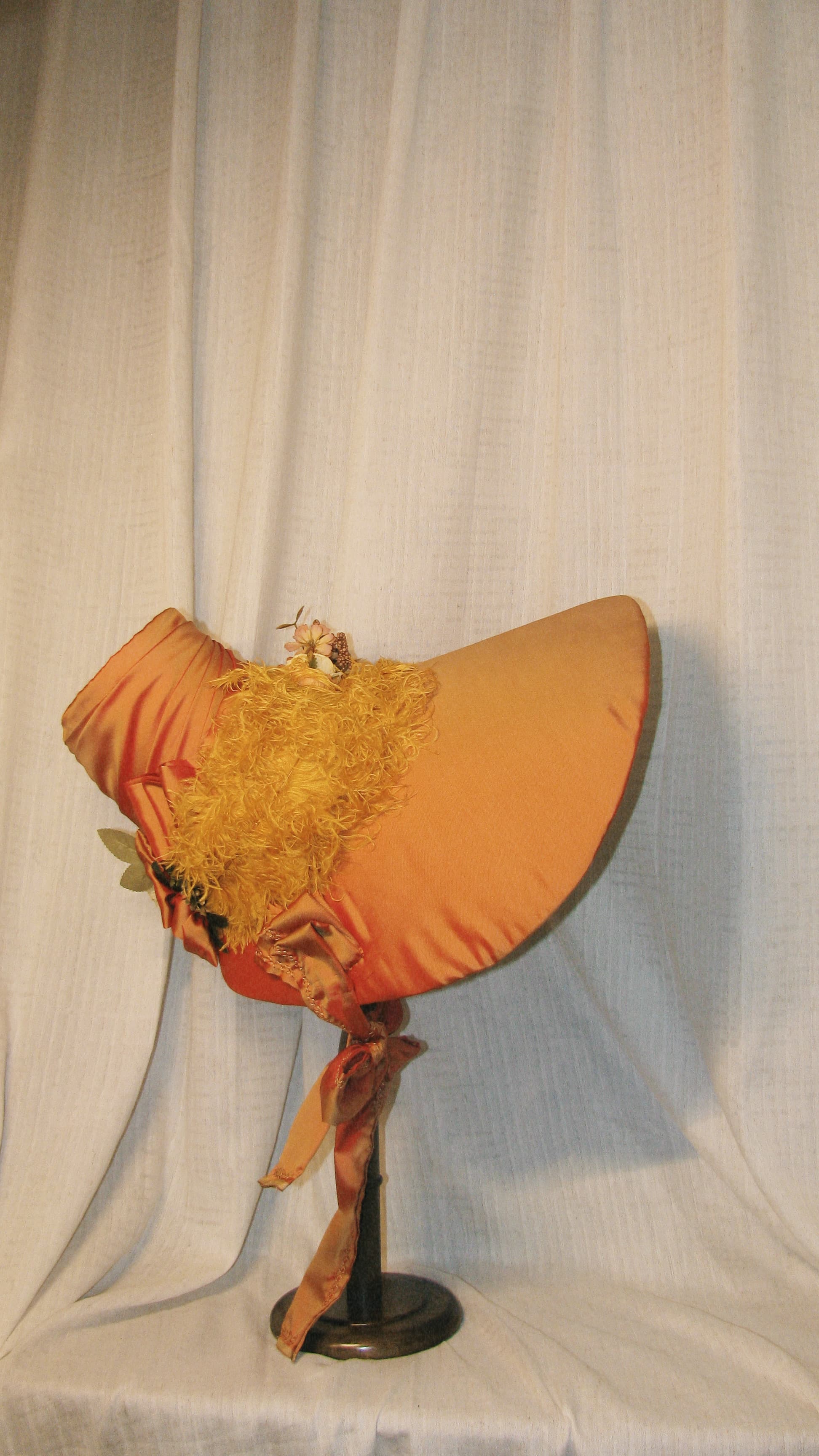 1830s Romantic Orange Satin Bonnet with Draped Ribbon & Floral Details – 19th-Century Inspired Themed Costume Hat ARHA1010