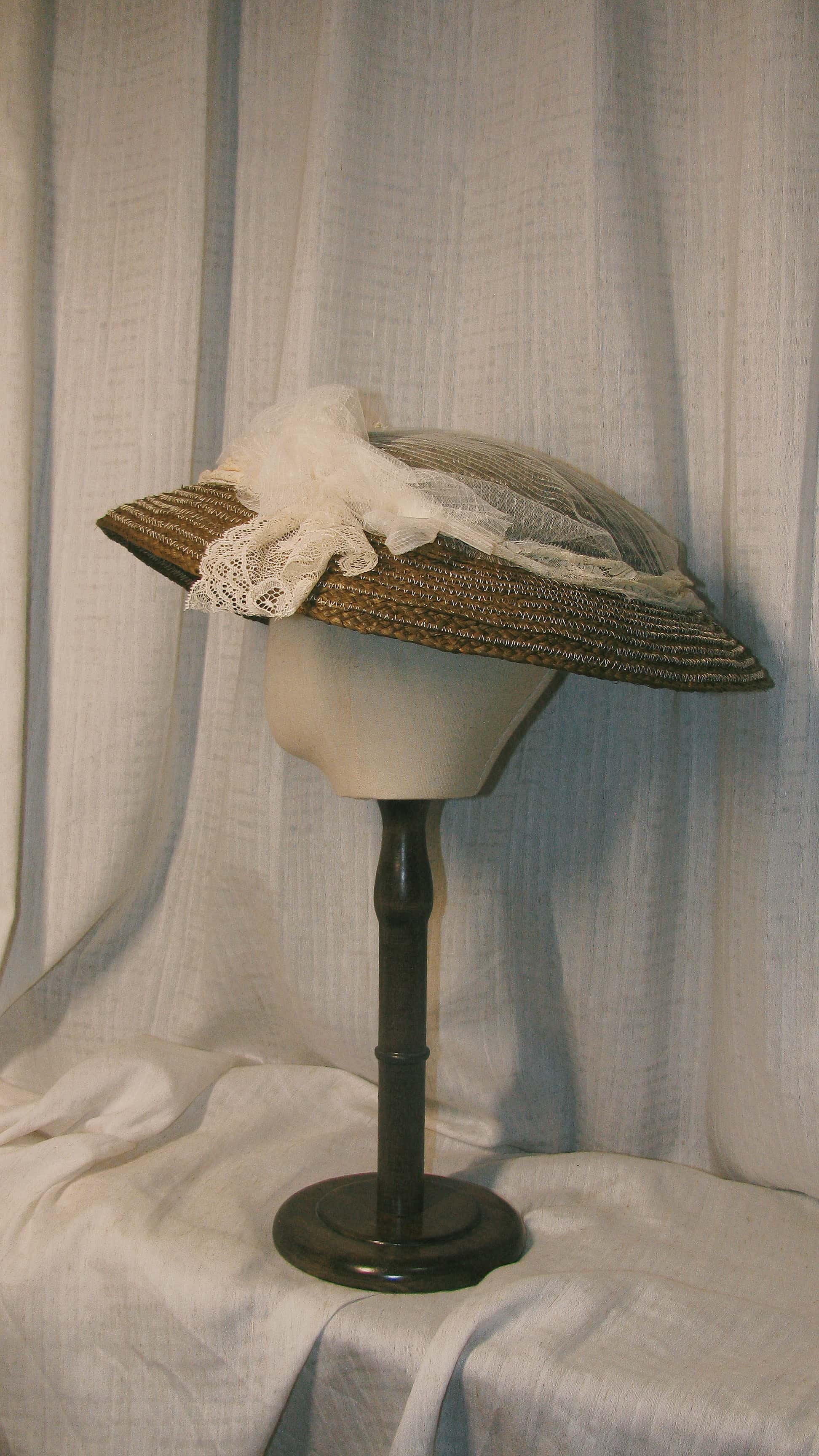 1900 Brown Woven Wide-Brim Hat with Lace & Blue Flower - Rustic Retro Headwear ARHA1025