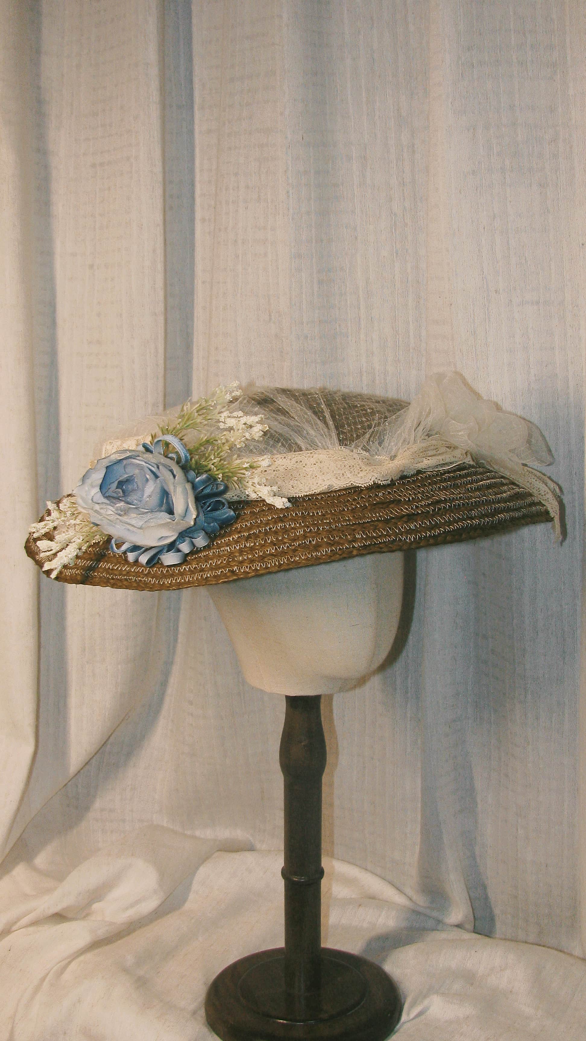 1900 Brown Woven Wide-Brim Hat with Lace & Blue Flower - Rustic Retro Headwear ARHA1025